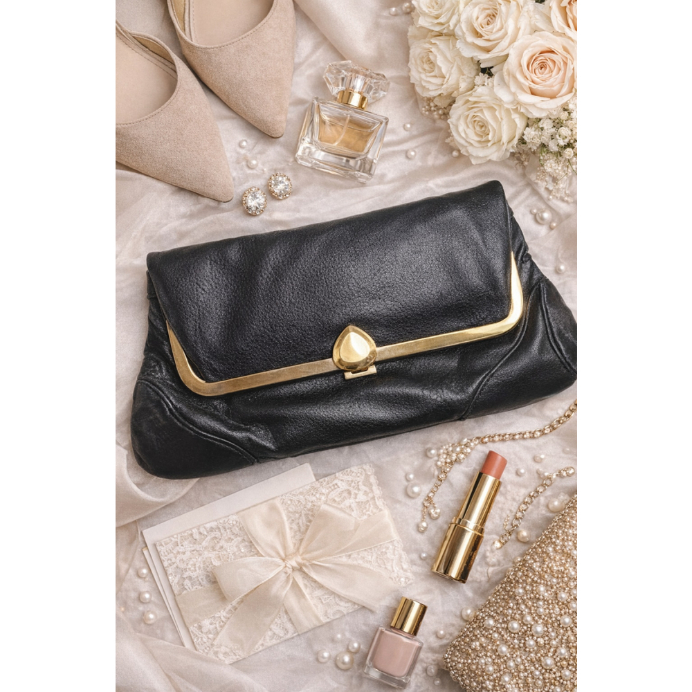 Kate Landry Leather Fold Over Clutch Black Cowhide Evening Bag Gold Hardware - Picture 2 of 9